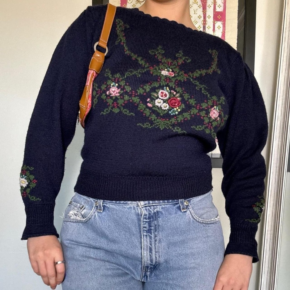 Floral Embroidered Navy Sweater